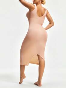 SHAPORA Women Solid Color Crew Neck Long Fitted Bodycon Dress, Sleeveless - Apricot - View 3