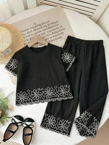 LMoss Kids Young Girl' Colorblock Print Short Sleeve Shirt And Pants Set - Black - View 6
