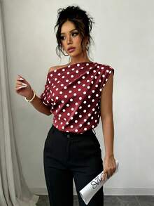 SHEIN Elenzya 白色波點不對稱單肩露肩無袖女式襯衫，優雅復古通勤辦公室外出夏季上衣 - 酒紅色 - 查看 4