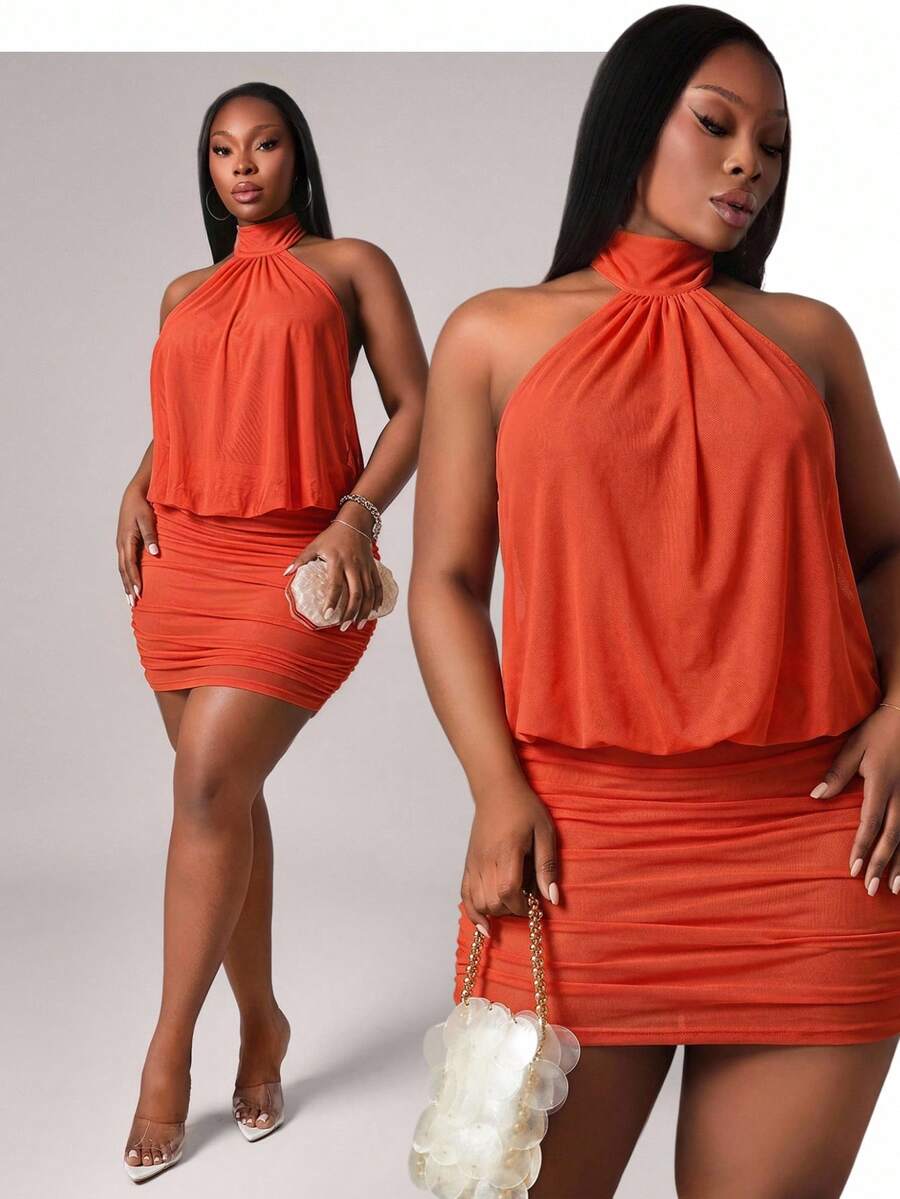 Radiana Plus Size Women's Spring Summer Elegant Basic Halter Backless Ruffle Decor Mini Bodycon Dress Suitable For Office Date Night Party Prom Burnt Orange - Orange - View 1