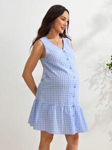 SHEIN Women's Plaid Single-Breasted Comfortable Maternity Dress With Simple Elegant Neckline And Sleeveless Design - Blue and White - View 5