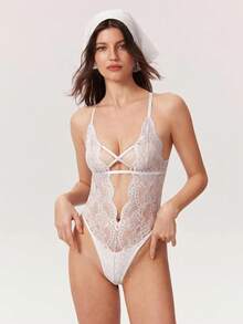 SHEIN 花卉蕾丝交叉连体衣内衣 - 白色 - 查看 5