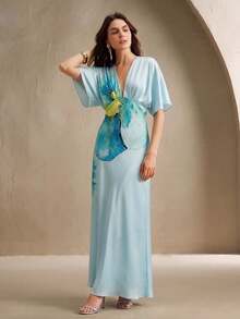 Anewsta Essential Novo Vestido Longo com Cintura Marcada, Decote em V, Sem Mangas e Estampado, Verão - Azul - Visão 9