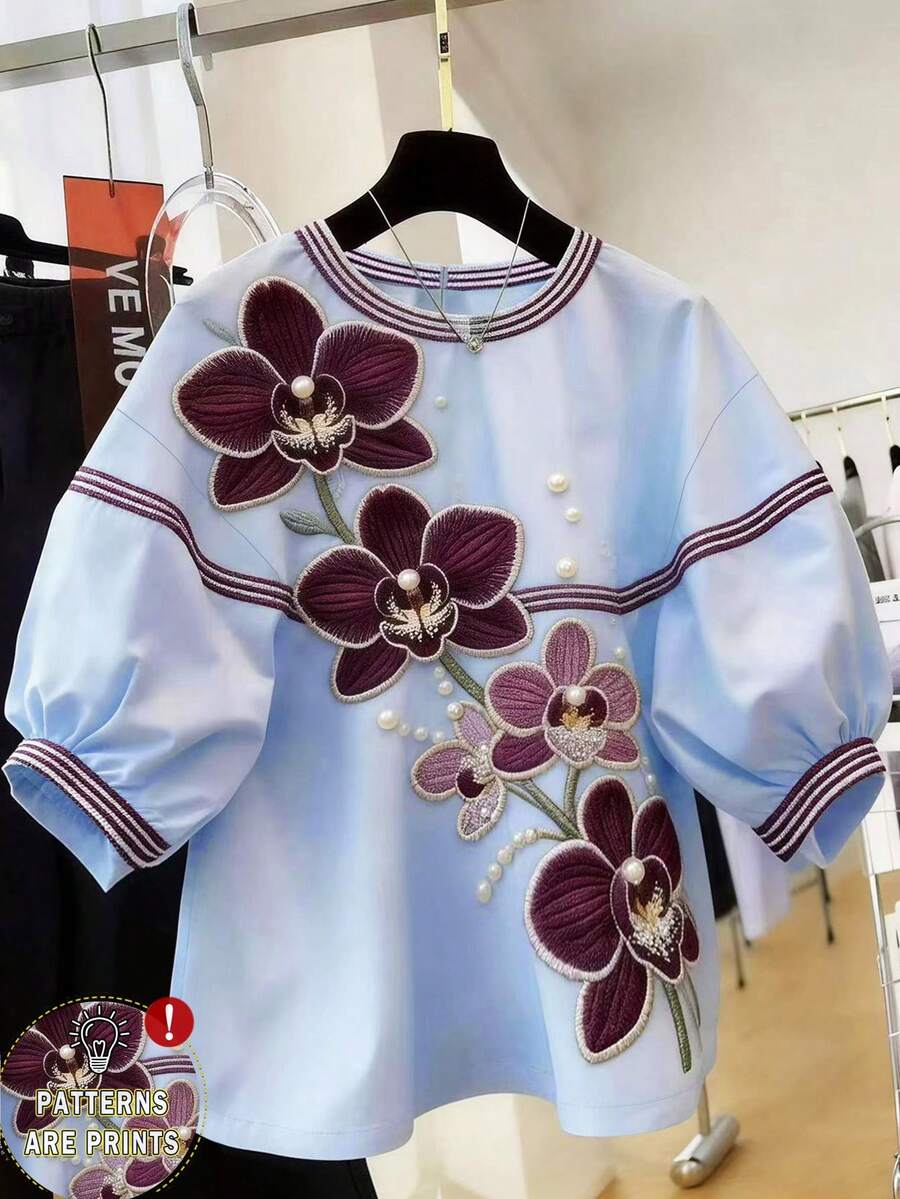 Resyla 女士圆领3D立体花卉刺绣图案休闲百搭日常衬衫 - 彩色 - 查看 1