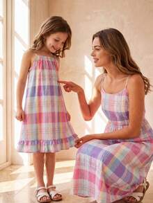SHEIN Girls' Woven Fabric Plaid Digital Print Hem Ruffle Strap Dress, Suitable For Summer Daily Wear, Outings, Travel, Vacation, And Occasions. Summer Dress - Multicolor - View 3