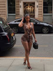 SHEIN SXY Halter Neck Leopard Print Backless Jumpsuit Club Night Brown Summer Going Out Country Sexy Wrap - Multicolor - View 7