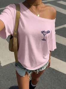 Muchica Camiseta de mujer estilo casual minimalista de vacaciones, rosa, con estampado gráfico de letras retro, hombros descubiertos, hombros caídos, manga corta, ajuste holgado, adecuada para primavera y verano, estilo versátil - Multicolor - Ver 6