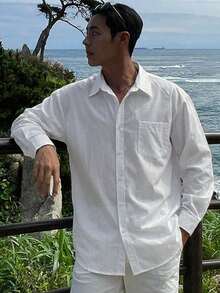 DAZY Camisa de manga larga de color blanco sólido para hombre de primavera - Blanco - Ver 4