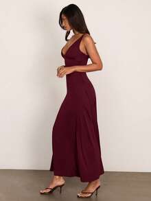 COSMINA Women's Elegant V-Neck Long Spaghetti Strap Dress Vacation Red Wine Summer - Burgundy - View 5