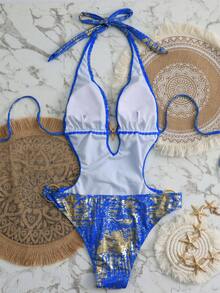 Swim SXY 夏季海灘度假女款掛脖特殊面料一件式泳衣，側邊飾邊設計 - 寶藍色 - 查看 5