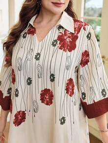 Al Najma Plus Size Women's V-Neck, 3/4 Sleeve, Stand Collar, Sleeve, Front Print, Bubble Texture Fashionable Full Skirt Floral Dress, Printed Arabic Dress - Red - View 5