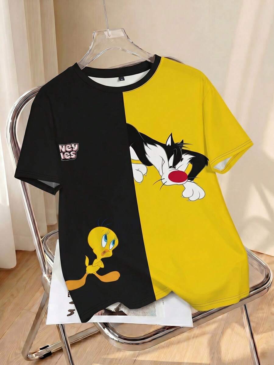 LOONEY TUNES X SHEIN Men's Contrast Color Patchwork Cartoon Print T-Shirt - White - View 1