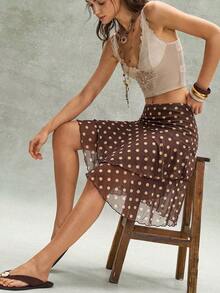 Bohemela Casual Boho Woven Printed Ruffle Hem Loose Asymmetrical Skirt Women's Skirt Vacation Brown Polka Dot Summer - Multicolor - View 1