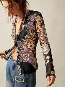 Bohemela Plus Size Women's Elegant Vintage Leopard & Floral Print Front Button Sheer Blouse Fall - Multicolor - View 6