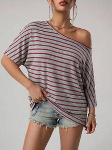 SHEIN ICON 女款休閒不對稱肩短袖條紋上衣 - 彩色 - 查看 7