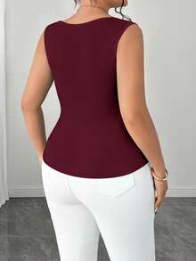Elenzga Plus Size Women's Minimalist Elegant Sleeveless Tank Top With Split Hem - Burgundy - View 2