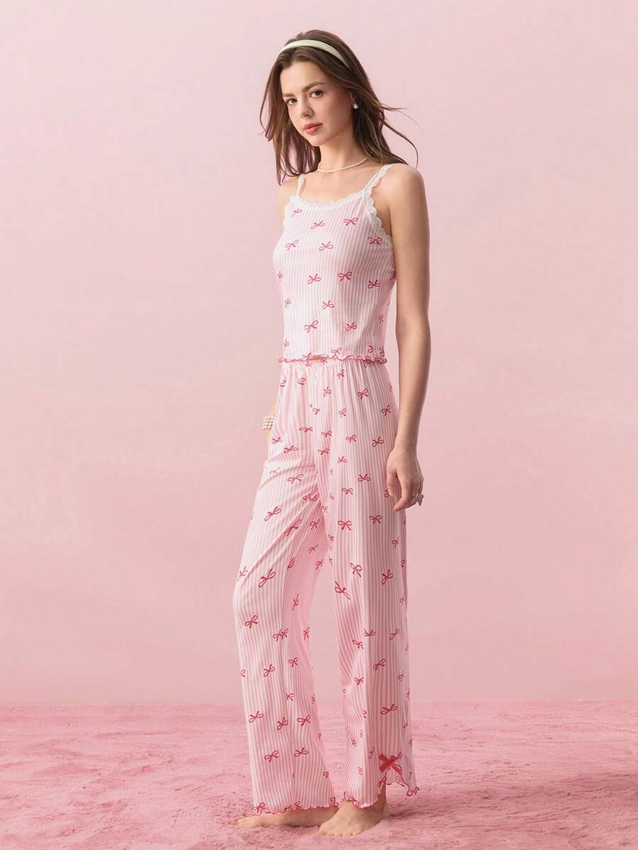 Bonmuse 2pcs Women's Pajama Set, Striped & Bow Contrast Lace Trim Camisole And Split Hem Pants, Lace Sleepwear, Cute Pajamas, Bow Pajamas, Women Summer Outfit - Multicolor - View 1
