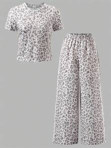 SHEIN 2件組青少年短袖上衣與長褲套裝，蝴蝶結緞帶粉色，適合春夏季，運動與通勤 - 白色 - 查看 5