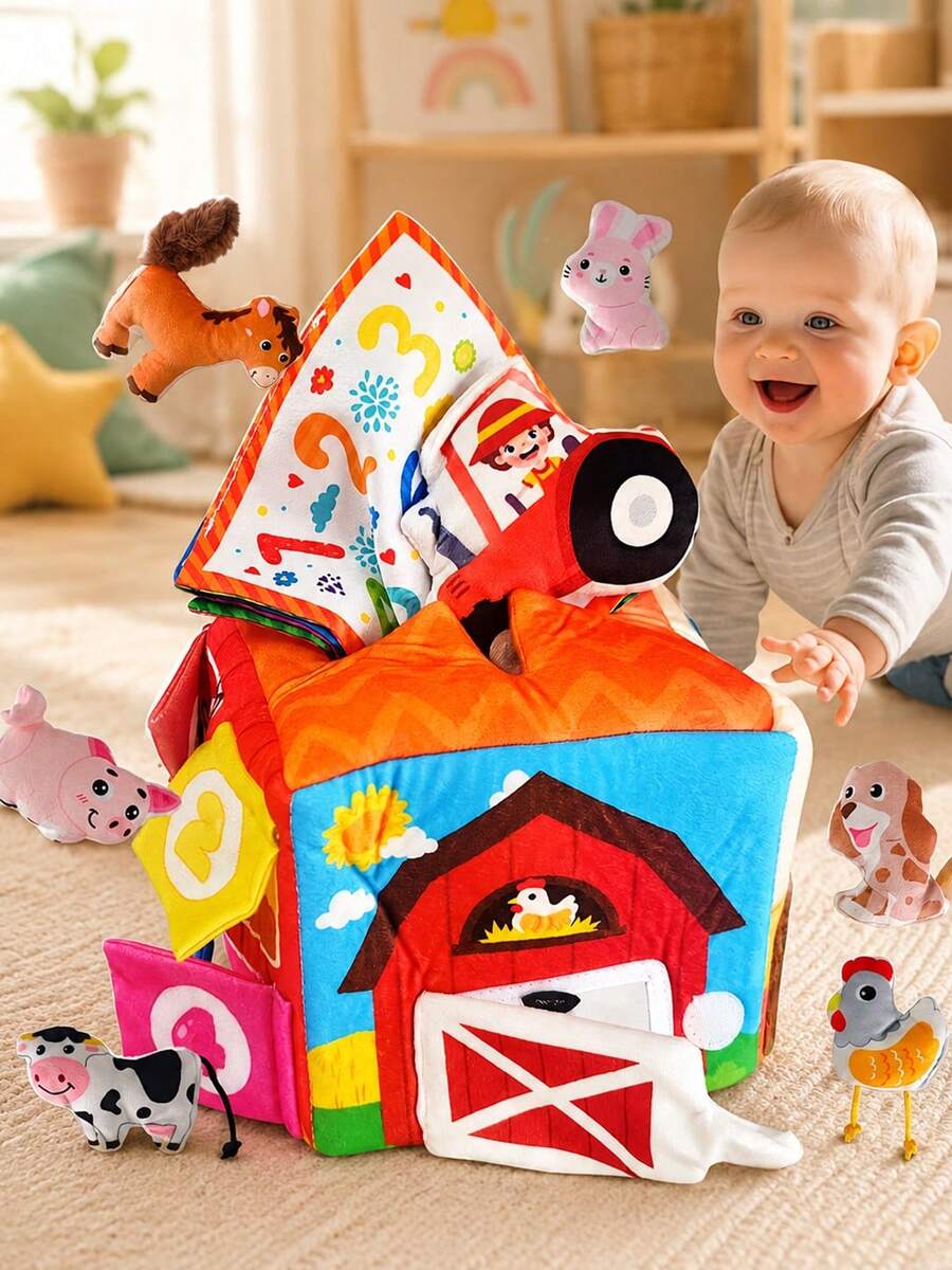 MINKOJA Libro de tela de granja para bebé, juguetes de tela de animales de granja, caja de casita de muñecas de granja, juguetes para bebés de 6 a 12 meses, 13 piezas de juguete sorpresa de granero con animales de granja de peluche, sonajero, papel suave, espejo, Pascua, regalo de Pascua, Día del Niño, artículos para bebés, artículos esenciales para bebés, juguetes para bebés, sonajeros y anillos de peluche para bebés - Color - Ver 1