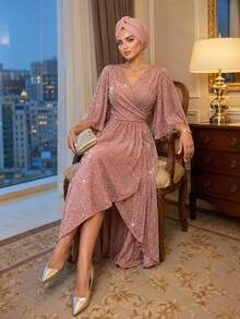 Auveirra 春夏秋冬优雅派对婚礼情人节酒会演唱会/音乐节叠领喇叭开叉荷叶边袖大码连衣裙 - 藕粉色 - 查看 5