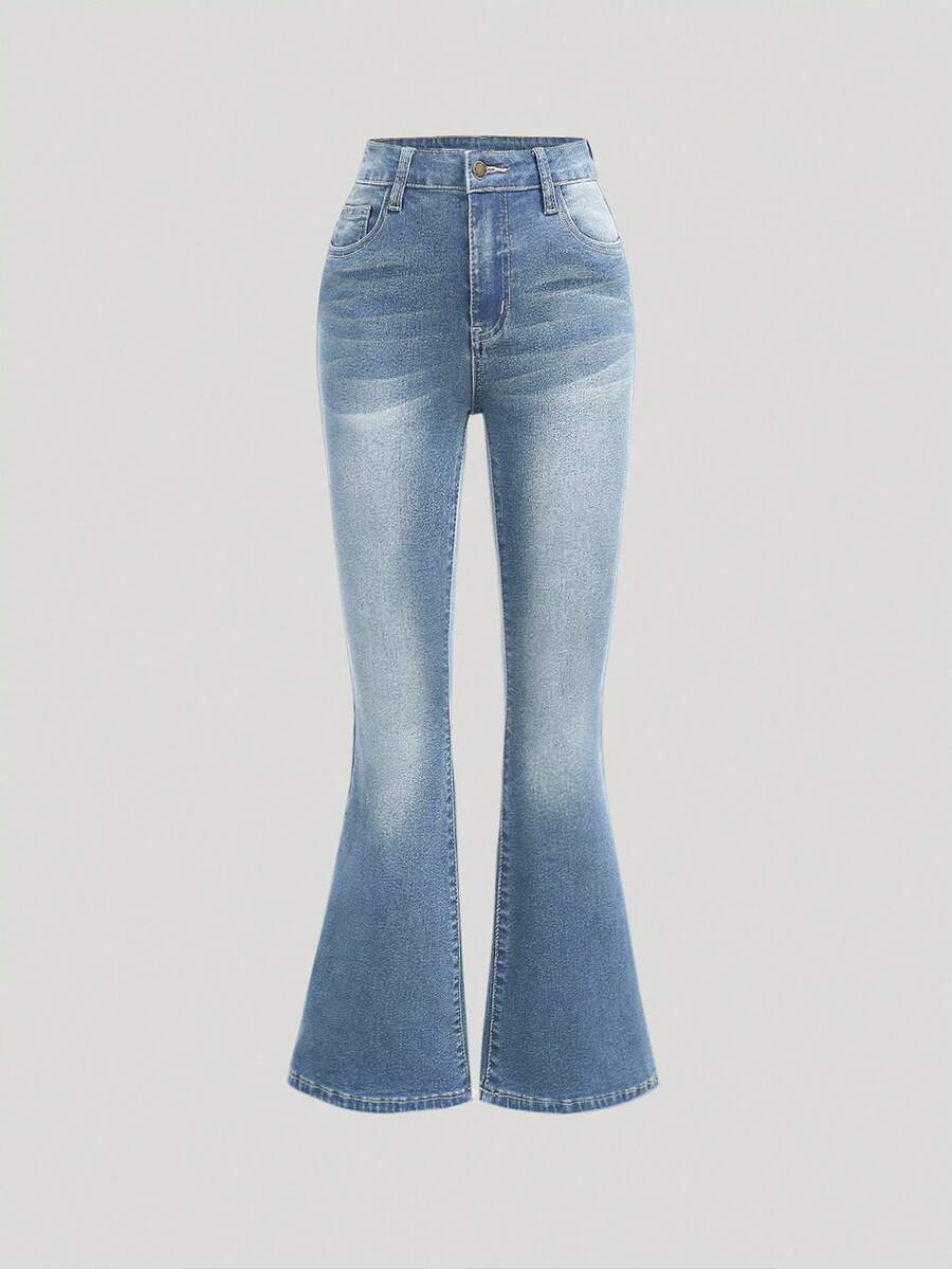 SHEIN Girlism Tween Girl Pocket Button Fashion Versatile Flared Denim Jeans - Light Wash - View 1