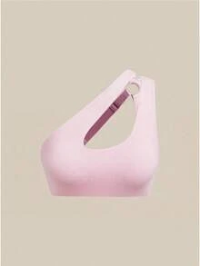 Bralution Pink High Elasticity Padded Oblique Shoulder Cutout Sports Bra For Women - Pink - View 1