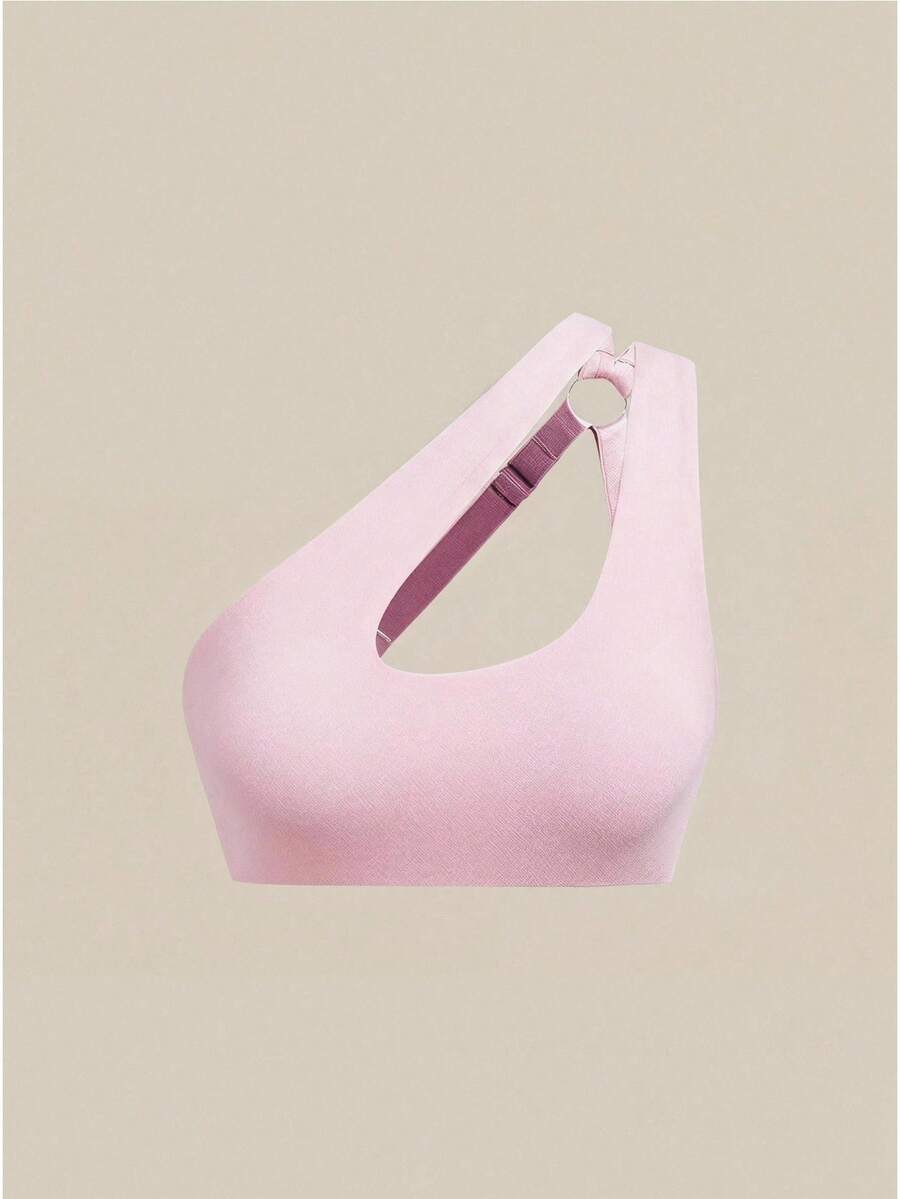 Bralution Pink High Elasticity Padded Oblique Shoulder Cutout Sports Bra For Women - Pink - View 1