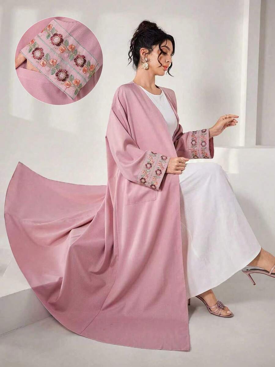 Al Najma Spring & Summer Pink Floral Embroidered Cuff Open Front Long Abaya, Outer Robe Suitable For Daily Home Wear, Prayer And Outdoor Outing - Pink - View 1