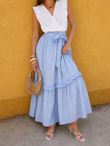 SHEIN LUNE Women's Spring/Summer Vacation Casual Tropical European Elegant Jamican Sexy V-Neck Flutter Sleeve Top And White Light Blue Skirt 2 Pieces Set - Blue and White - View 8