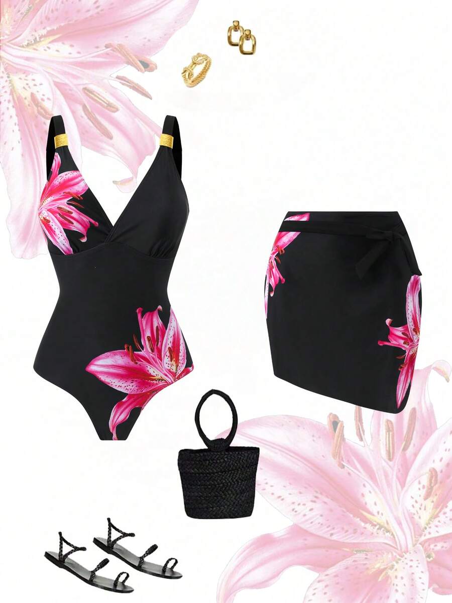 Swim Oasis 2026新款大尺碼多色印花粗肩帶V領胸部抓皺腰部半遮臀設計搭配高腰短裙時尚優雅海灘度假風女款分體式泳衣套裝 - 彩色 - 查看 1