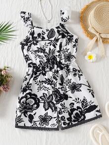 SHEIN Girls' Black Floral Spaghetti Strap Romper, Back Big Bow Vacation Jumpsuit - Black and White - View 5