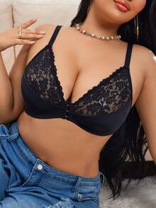 DesireSculpt 1pc Plus Size Women's Front Closure Lace Patchwork Bra - Black - View 3
