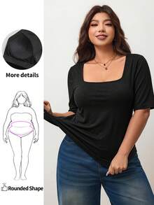 Enliva Áo thun nữ size lớn ôm sát cổ vuông tay ngắn có đệm ngực, độ đàn hồi cao, chất liệu thân thiện với da, mặc mùa xuân/hè, phù hợp cho dáng người đầy đặn, dáng người quả táo/2026/Mới/Có đệm ngực - màu đen - Xem 1