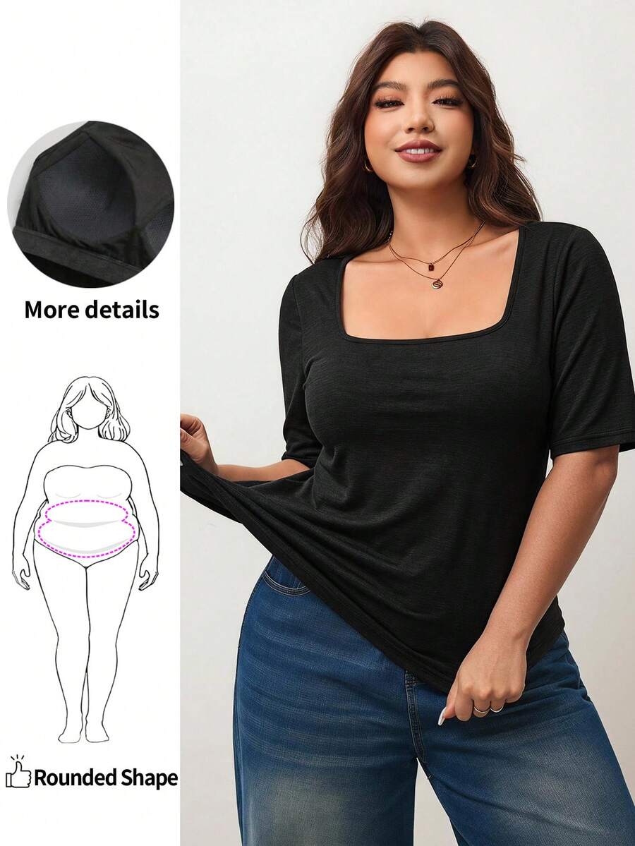 Enliva Áo thun nữ size lớn ôm sát cổ vuông tay ngắn có đệm ngực, độ đàn hồi cao, chất liệu thân thiện với da, mặc mùa xuân/hè, phù hợp cho dáng người đầy đặn, dáng người quả táo/2026/Mới/Có đệm ngực - màu đen - Xem 1