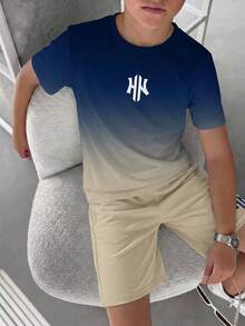 Tween Boy Casual Comfortable Fashion Minimalist Crew Neck Short Sleeve T-Shirt And Shorts Set, Classic Deep Blue Gradient Color Pattern Print, Classic Handsome Logo Pattern Print, Suitable For Vacation, Suitable For Beach - Multicolor - View 2