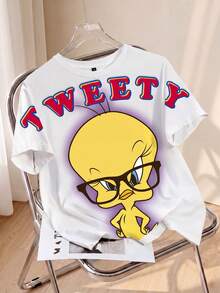 LOONEY TUNES X SHEIN 加大码圆领短袖可爱图案夏季T恤，X - 白色 - 查看 1
