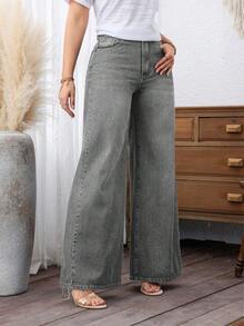 EMERY ROSE Plus Size Women's Pocket Button Casual Versatile Daily Outing Wide Leg Jeans - Grey - View 3