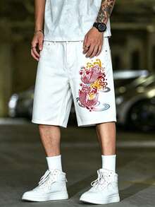 GALLERY FADE Men's Fish Pattern Patch Pocket Loose Casual Denim Wide Leg Shorts - White - View 5