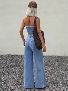 Livesso Women Casual Denim Tube Top And Pants Set - Blue - View 2
