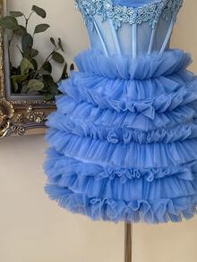 Lovelzi Elegant Princess Blue Satin Sweetheart Strapless Lace Applique Embroidered Corset Boned Tiered Ruffle Tulle Mini A-Line Dress Prom Homecoming Party - Baby Blue - View 8