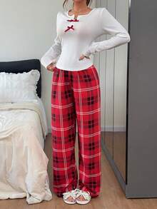 Napfluff 女款休閒螺紋素色上衣搭配泡泡皺褶格紋印花長褲睡衣套裝 - 紅色 - 查看 4