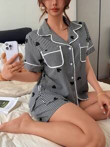 Napfluff Striped Heart Print Contrast Color Lapel Dual Pocket Cute Women Pajama Set - Black - View 1