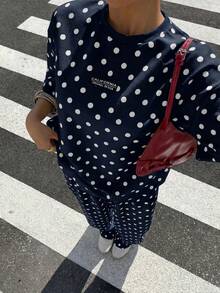 Muchica 女款休閒街頭風海軍藍波點圖案寬鬆T恤與長褲套裝，適合外出，Y2K風格，春夏寬腿褲 - 藏蓝色 - 查看 3