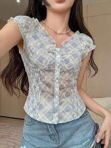 Joudiya 夏季藍色格紋休閒修身百褶婚禮度假短袖女款襯衫 - 藍色 - 查看 3