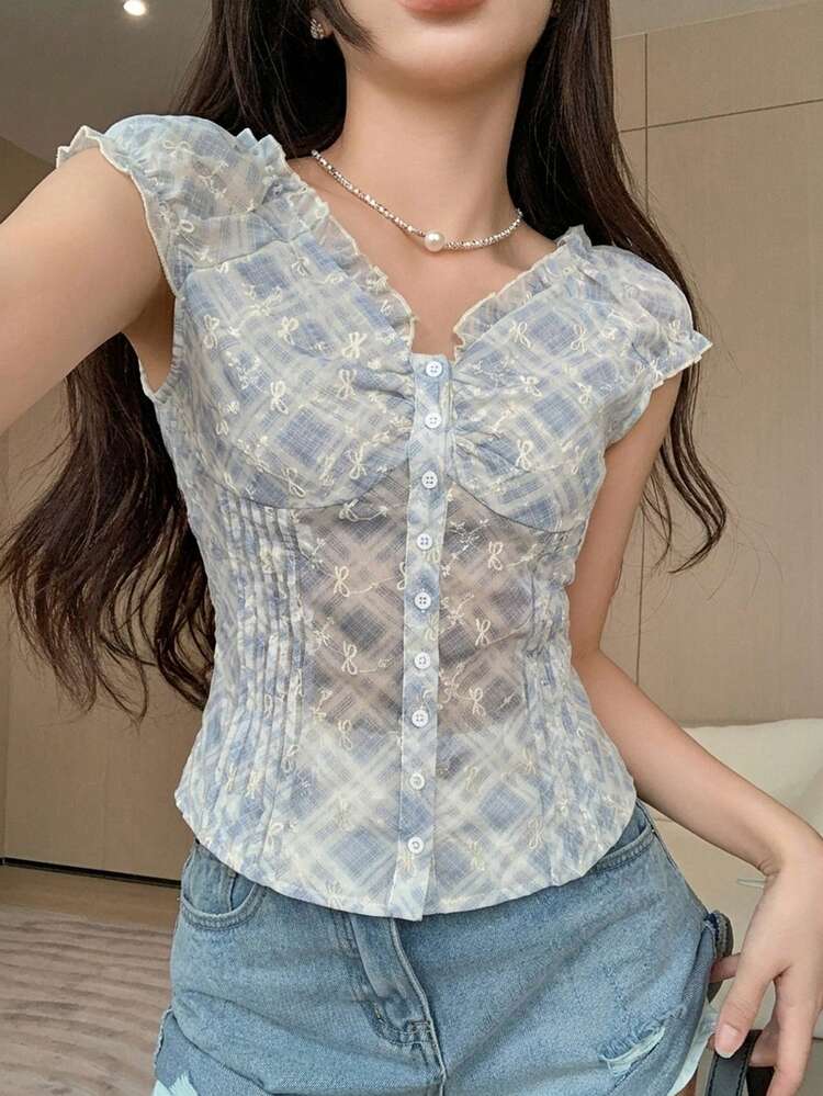 Joudiya 夏季藍色格紋休閒修身百褶婚禮度假短袖女款襯衫 - 藍色 - 查看 3
