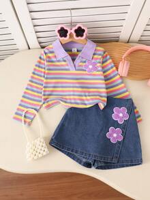 Back To School Season Girls Toddler Casual 2pcs Set Spring/Autumn Rainbow Striped Shirt Collar Long Sleeve T-Shirt, Soft Ribbed Knit Top Denim Skort - Multicolor - View 1