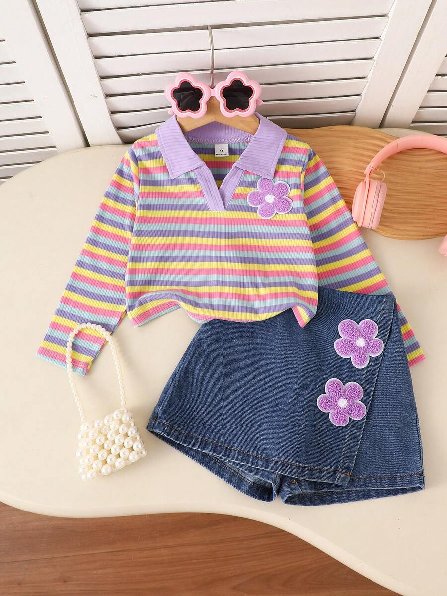Back To School Season Girls Toddler Casual 2pcs Set Spring/Autumn Rainbow Striped Shirt Collar Long Sleeve T-Shirt, Soft Ribbed Knit Top Denim Skort - Multicolor - View 1