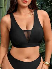 Swim Vcay 大尺碼女款純色成熟極簡性感風夏季海灘度假健身泳衣上衣 黑色 - 黑色 - 查看 3