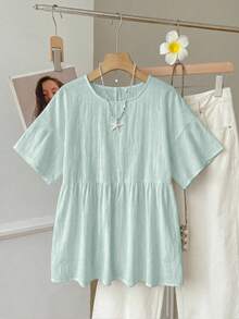 SHEIN EZwear 100%純棉淺綠色亞麻編織女款襯衫，夏季上衣，適合日常通勤、約會、聚會，秋冬春夏，聖誕節、新年、感恩節、派對、婚禮、海灘、畢業、時尚、優雅、休閒、外出、約會、預約、通勤、亮麗、情人節、優雅、度假 - 綠色 - 查看 4