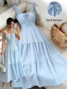 GlowEve Women's Fashionable Minimalist Ruffled Wide Strap Sleeveless New Dress, Spring/Summer - Baby Blue - View 1